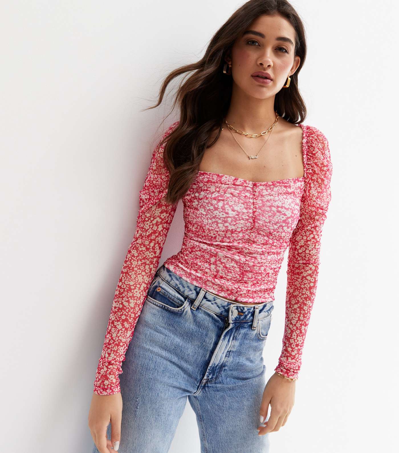 Pink Ditsy Floral Mesh Ruched Long Sleeve Crop Top