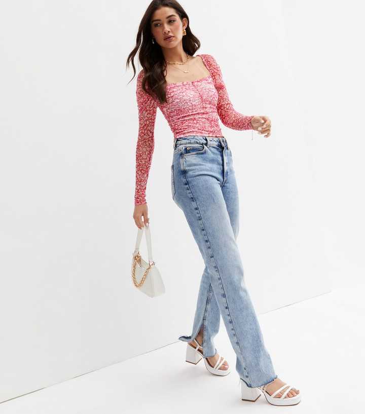 Stradivarius ruched mesh top in pink