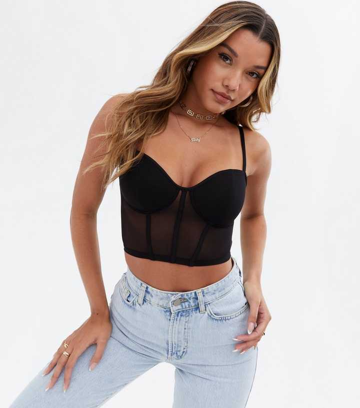 Black Mesh Structured Strappy Corset Top