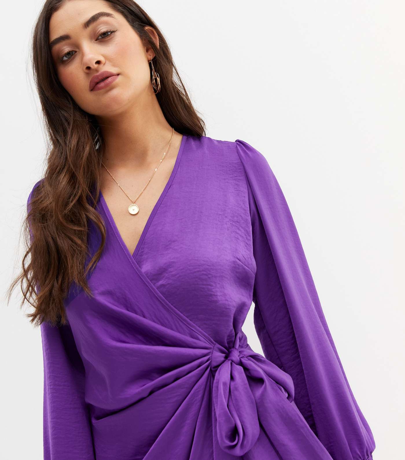 Purple Satin Long Puff Sleeve Midi Wrap Dress Image 2
