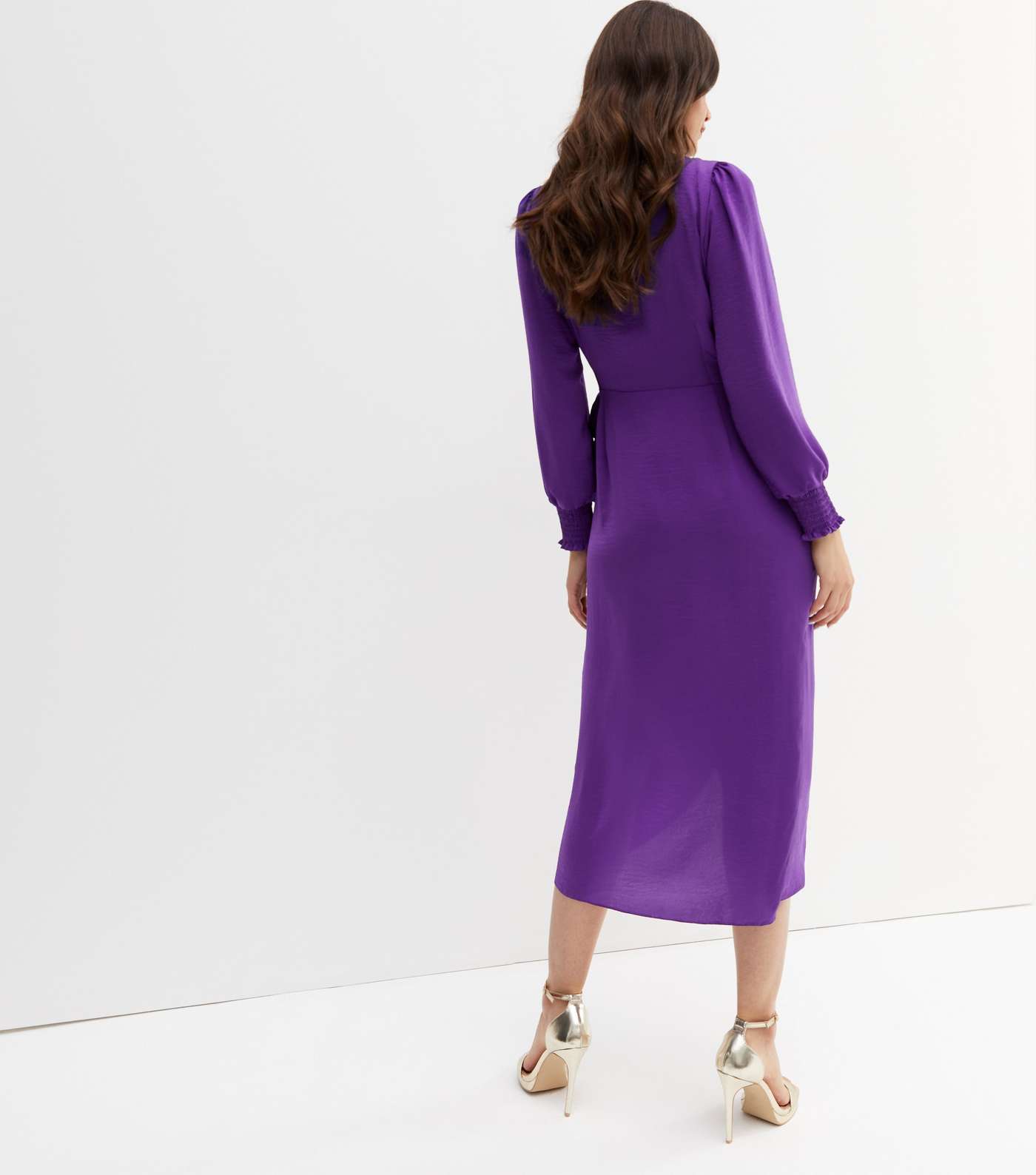 Purple Satin Long Puff Sleeve Midi Wrap Dress Image 4