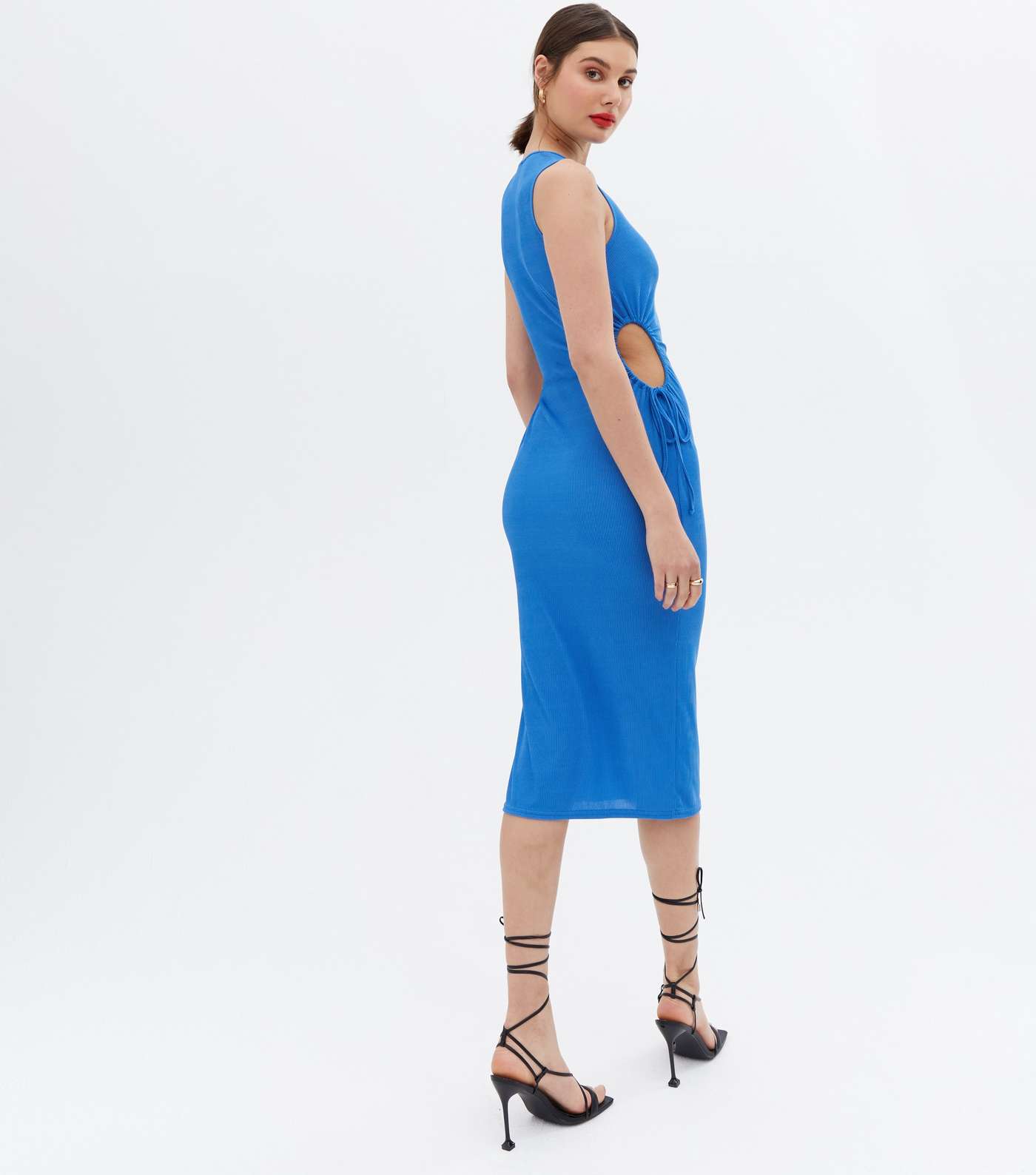 Bright Blue Ribbed Cut Out Side Midi Dress Image 4