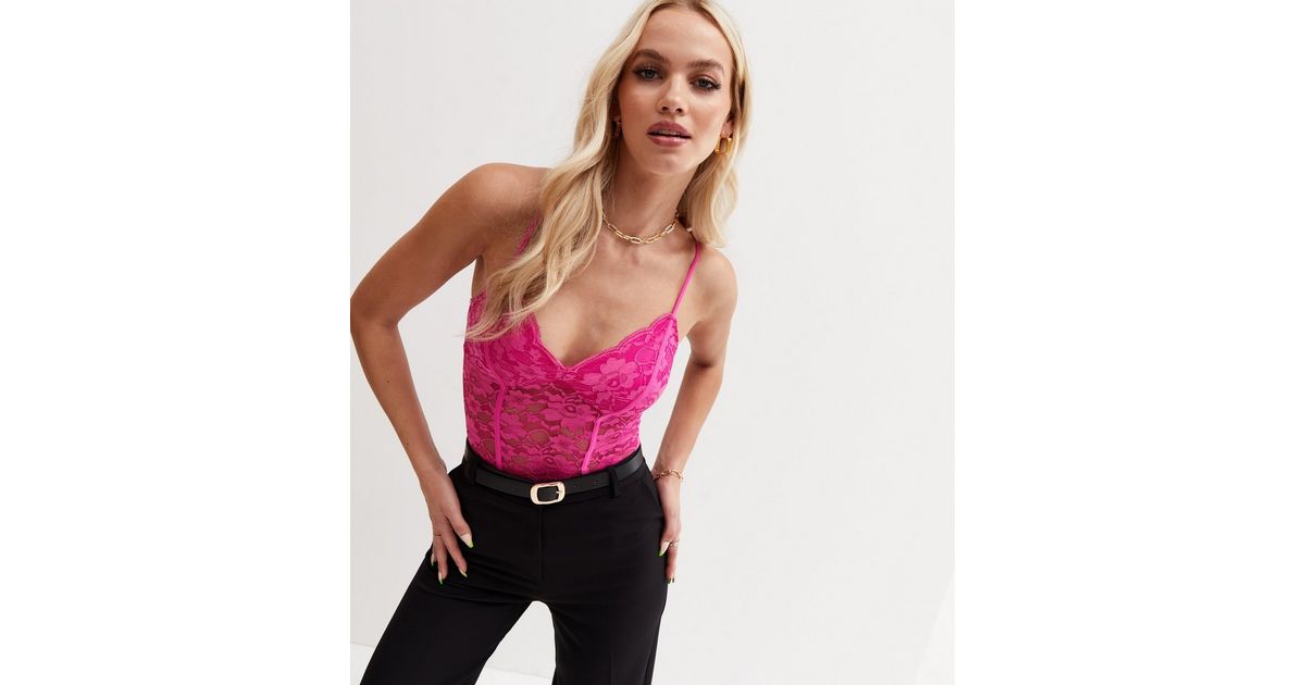 Bright Pink Lace Strappy Bodysuit