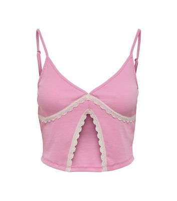 Click to view product details and reviews for Neon Nylon Mid Pink Lace Trim Crop Cami New Look.