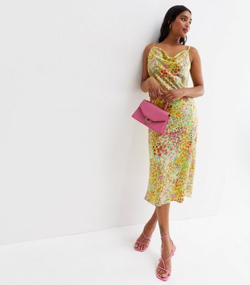 Yellow Floral Cowl Neck Midi Dress | New Look