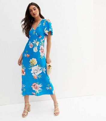 Blue Floral Short Flutter Sleeve Midi Dress | New Look