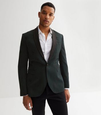 Dark Green Shawl Contrast Collar Skinny Fit Blazer New Look