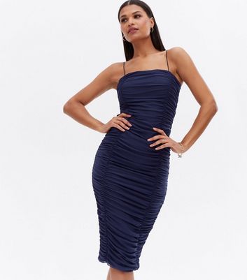 Navy Mesh Ruched Strappy Bodycon Midi Dress