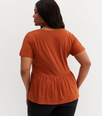 Curves Orange V Neck Peplum T-Shirt New Look