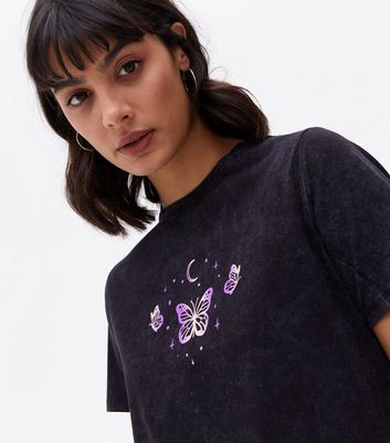 Click to view product details and reviews for Dark Grey Acid Wash Mystic Butterfly T Shirt New Look.