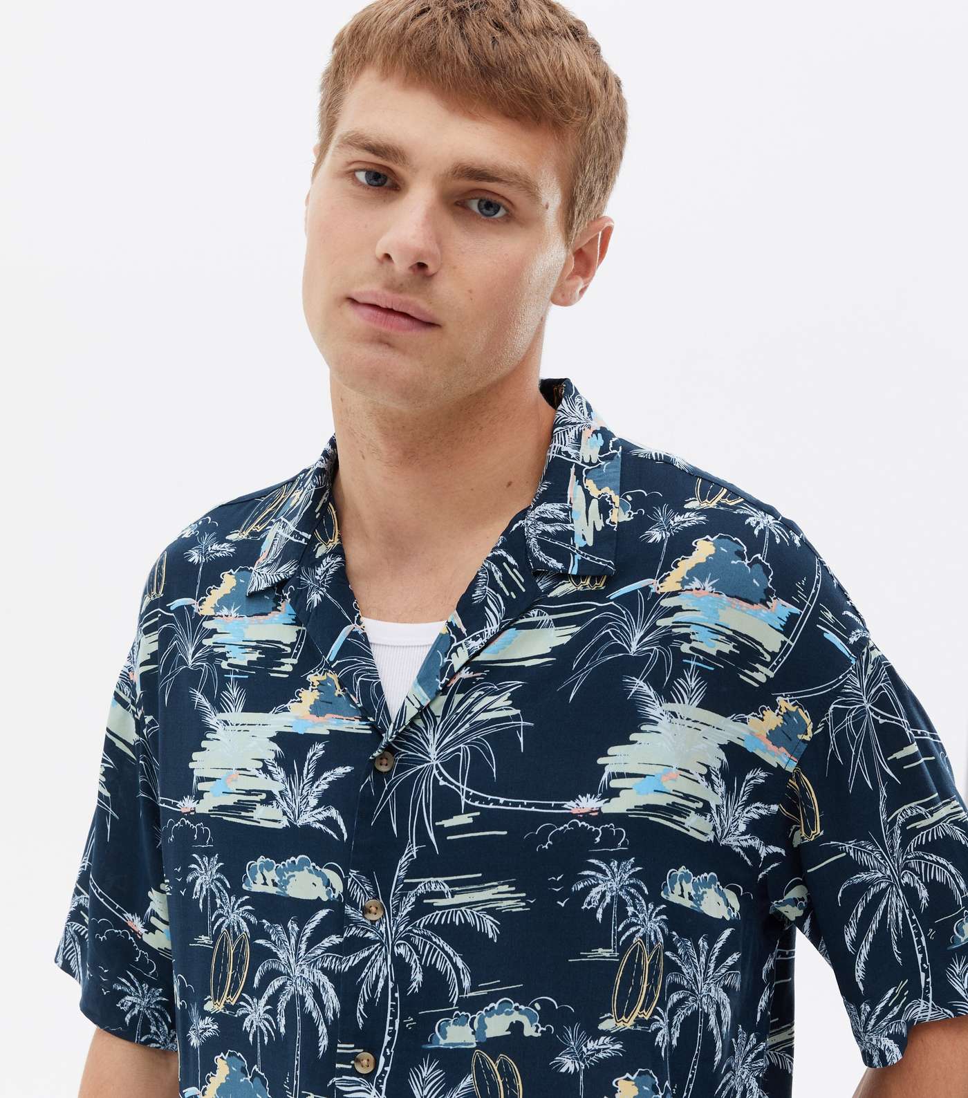 Jack & Jones Navy Palm Short Sleeve Shirt Image 3
