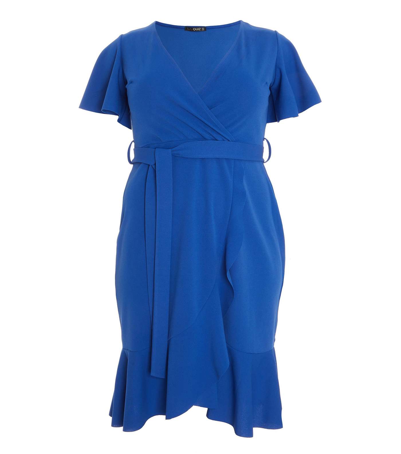 QUIZ Curves Bright Blue Frill Wrap Dress Image 4