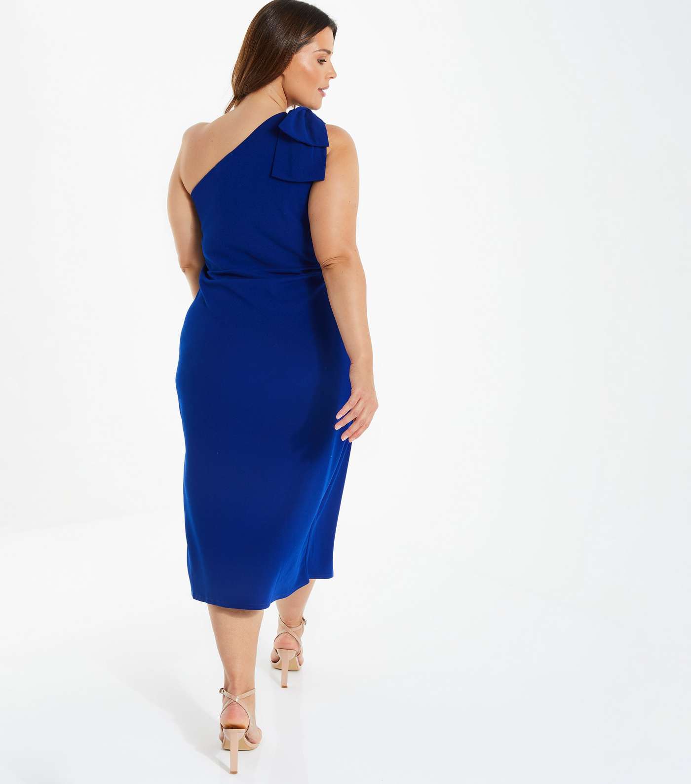 QUIZ Curves Bright Blue One Shoulder Midi Dress Image 3