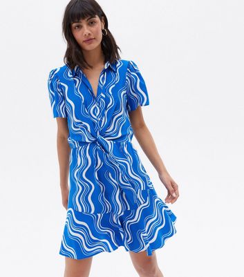 Blue Swirl Tie Front Mini Shirt Dress