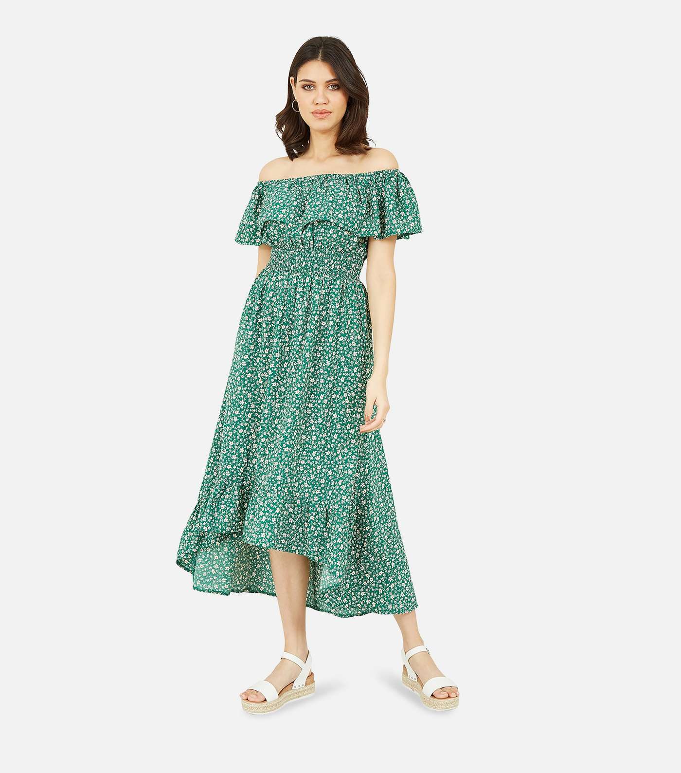 Mela Green Ditsy Floral Dip Hem Bardot Midi Dress
