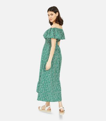 Mela Green Ditsy Floral Dip Hem Bardot Midi Dress New Look