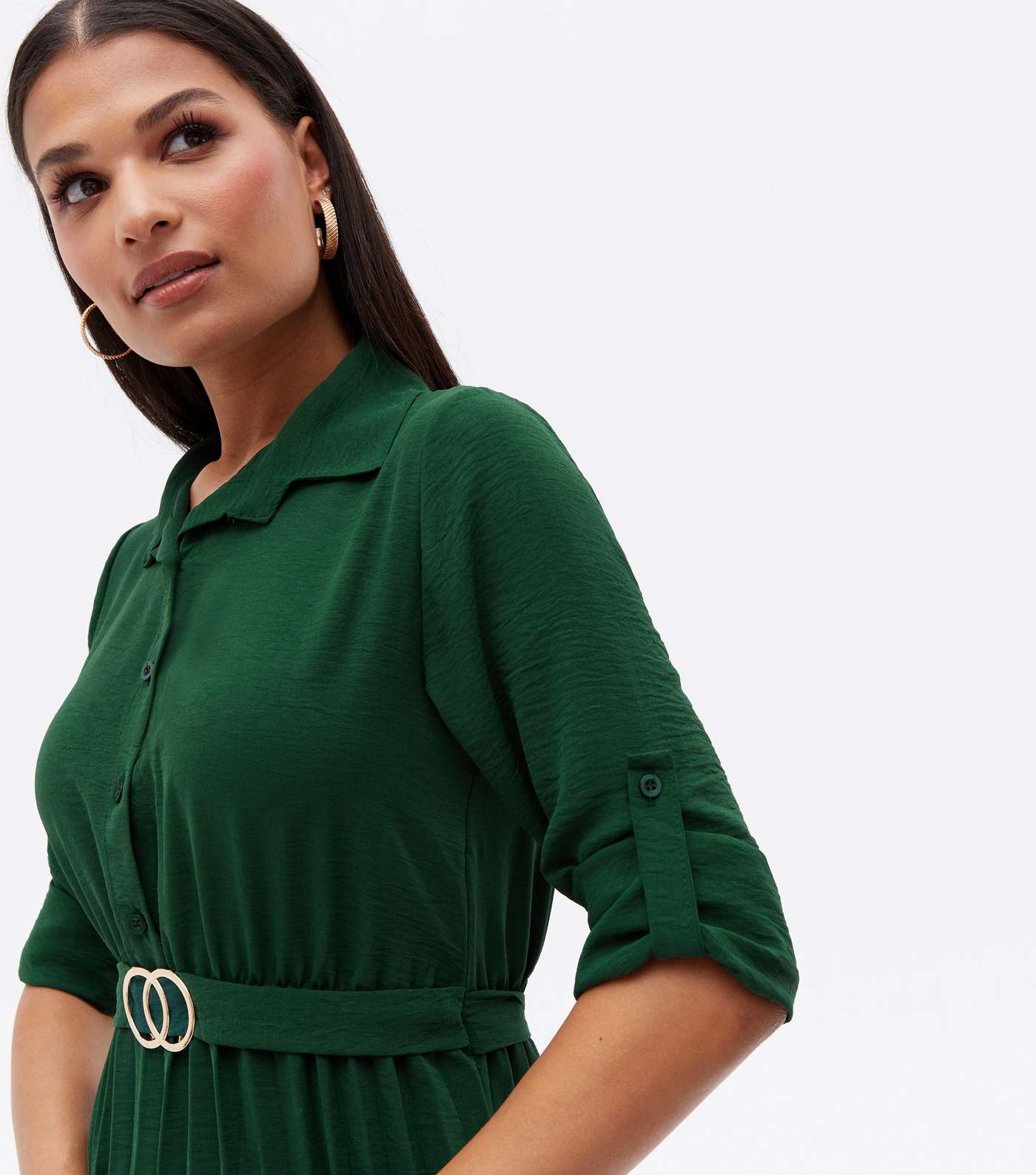 Mela Dark Green Pleated Belted Midi Shirt Dress Image 2