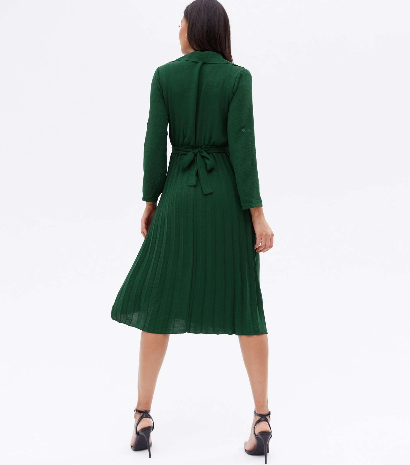 Mela Dark Green Pleated Belted Midi Shirt Dress Image 4