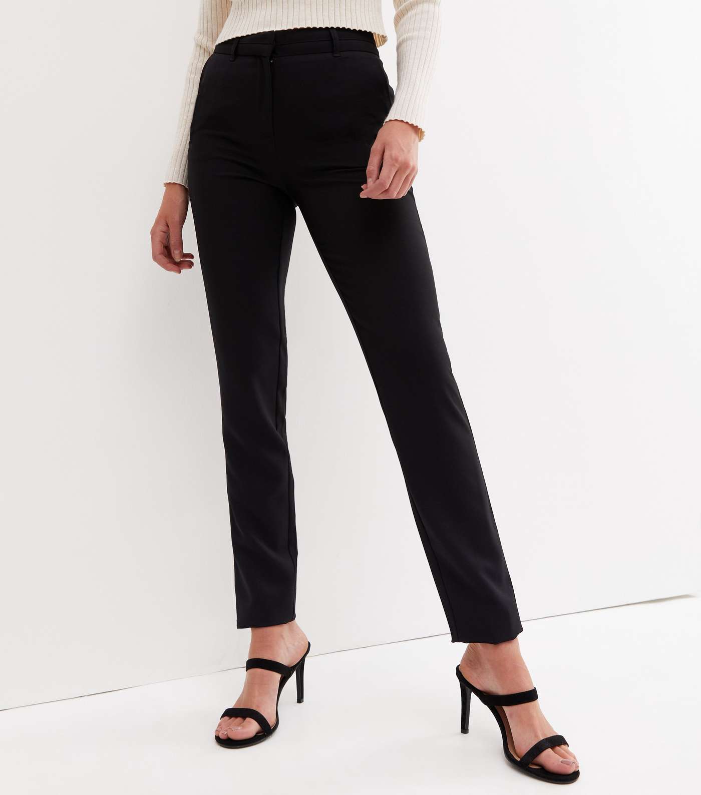 Black High Waist Long Length Slim Trousers Image 2