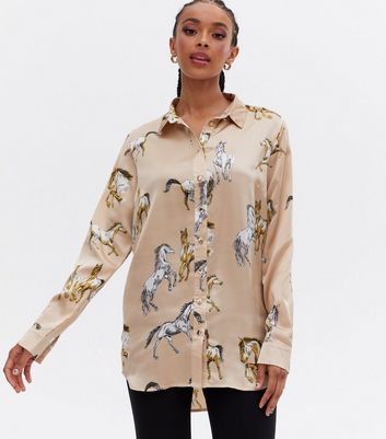 Brown Horse Print Satin Long Shirt 