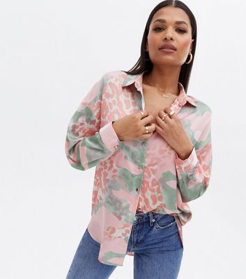 Pink Leopard Print Satin Oversized Shirt New Look