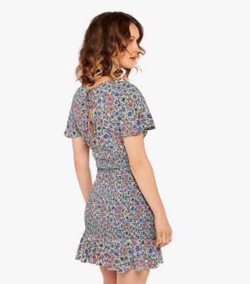 Apricot Pale Blue Floral Shirred Tie Back Mini Dress New Look