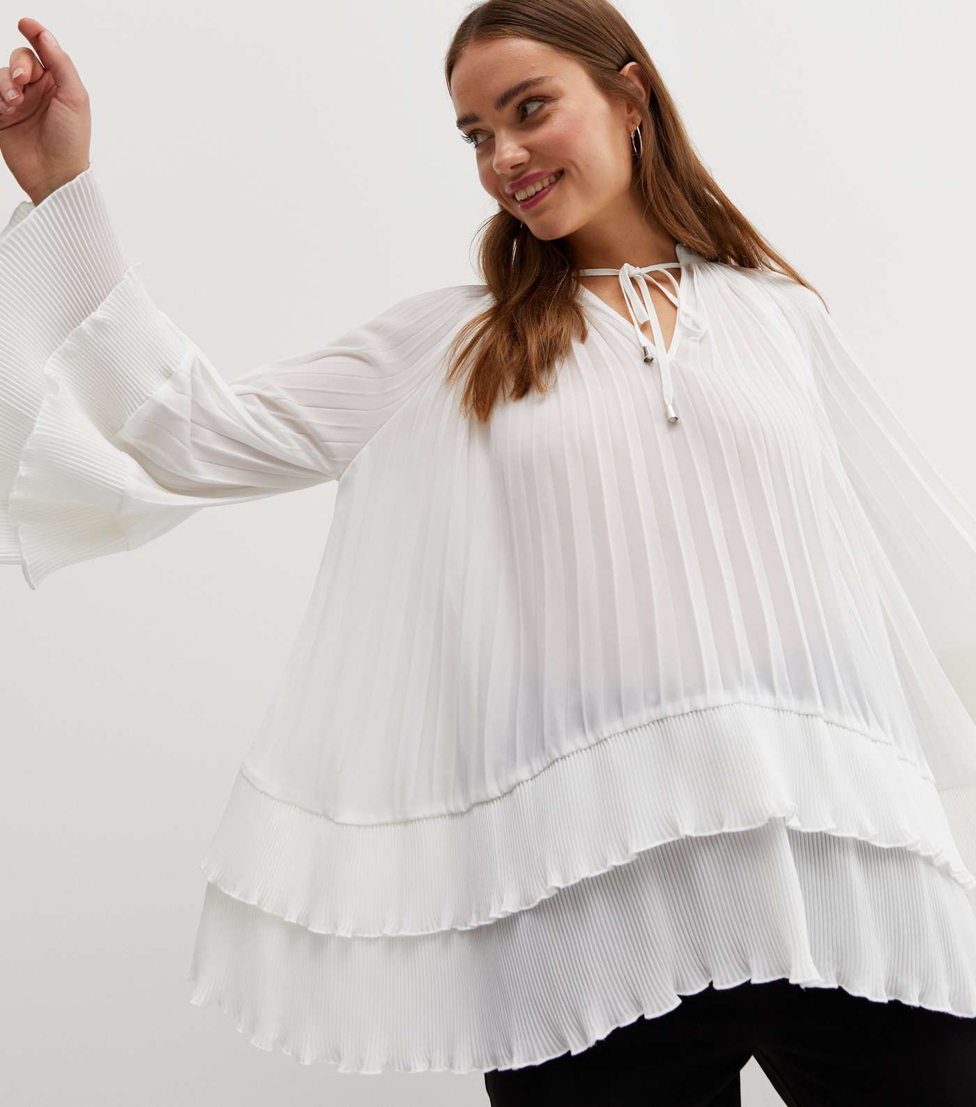 Off White Pleated Tie Neck Tiered Blouse