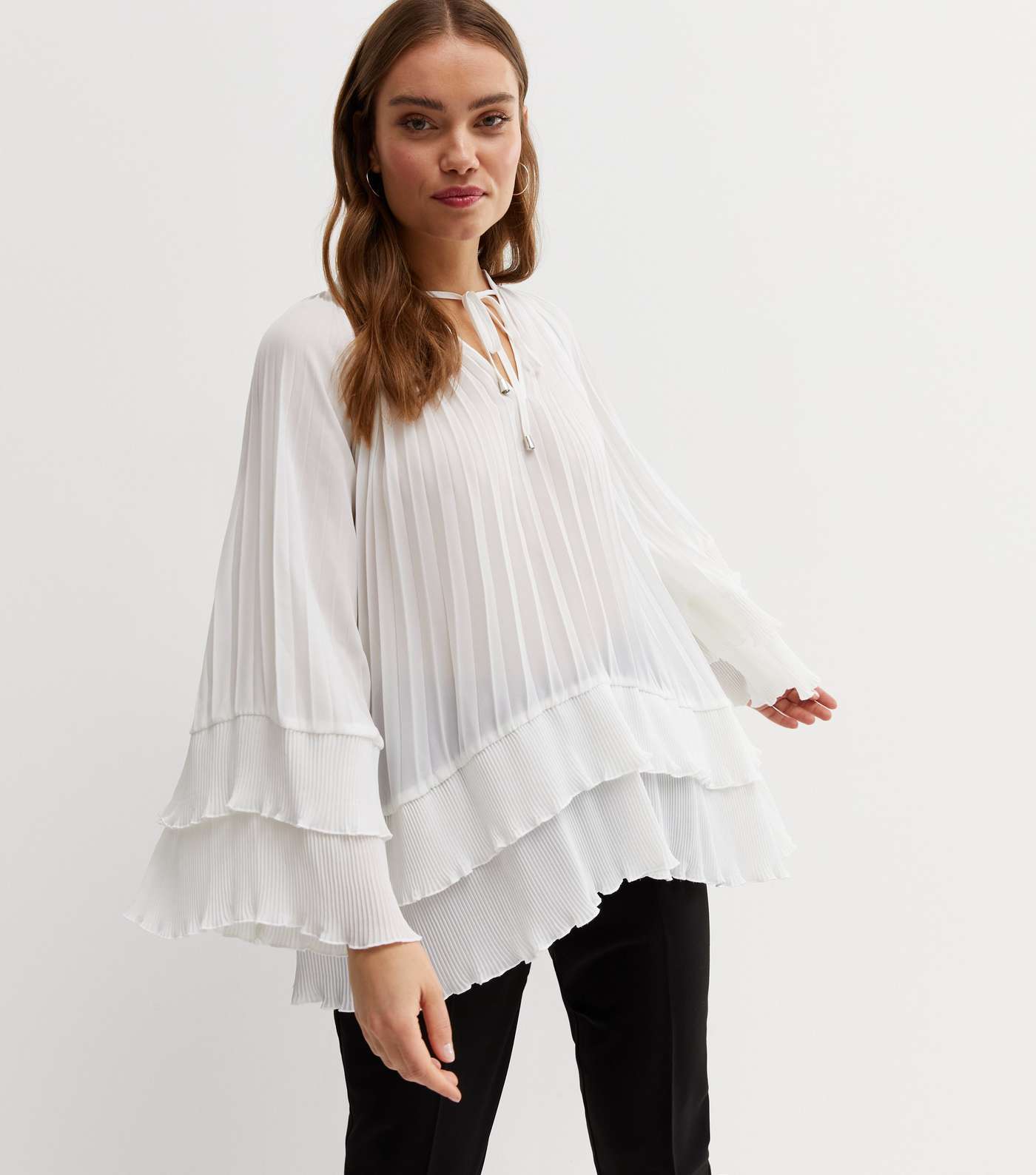 Off White Pleated Tie Neck Tiered Blouse Image 3