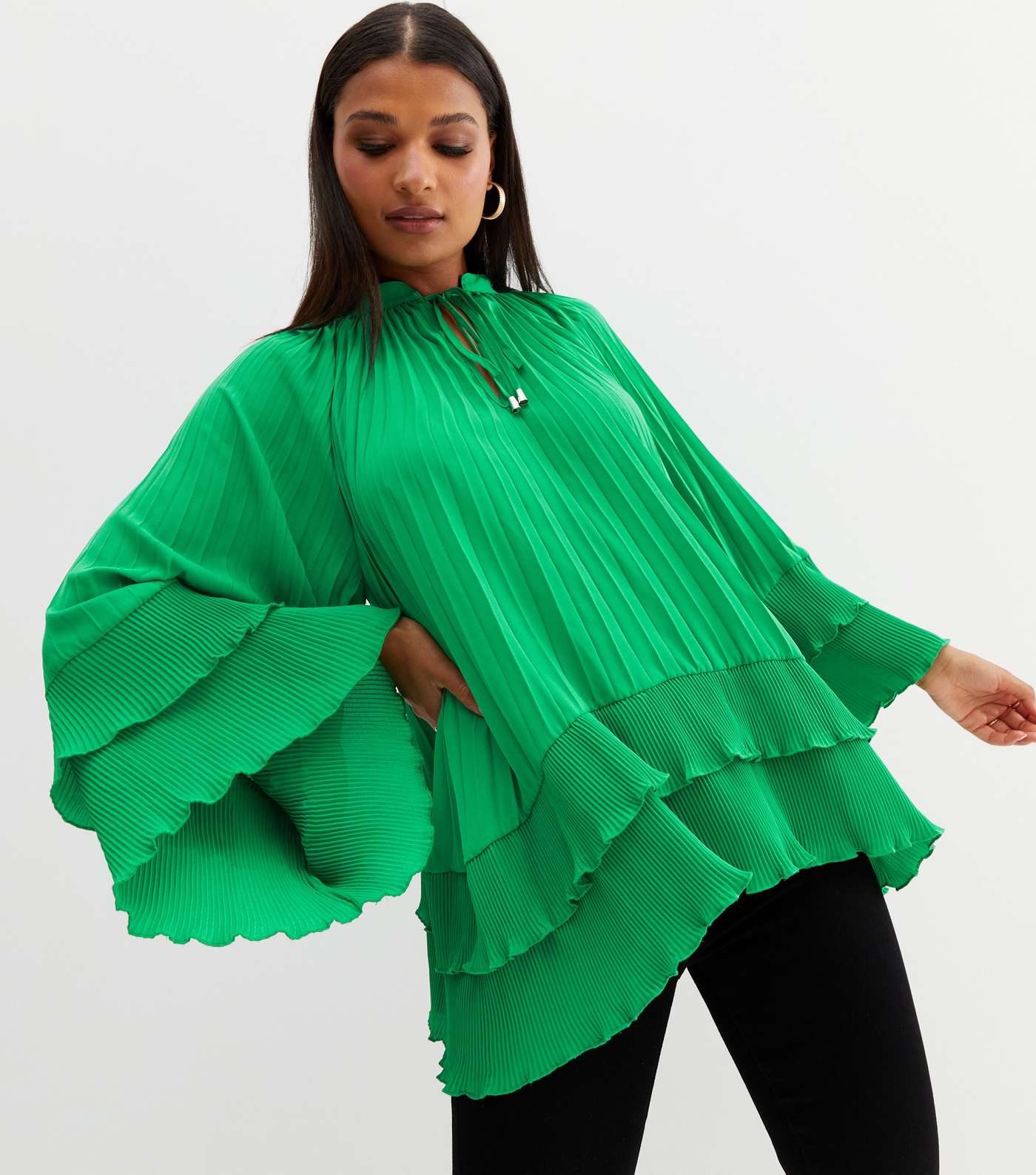 Green Pleated Tie Neck Tiered Blouse
