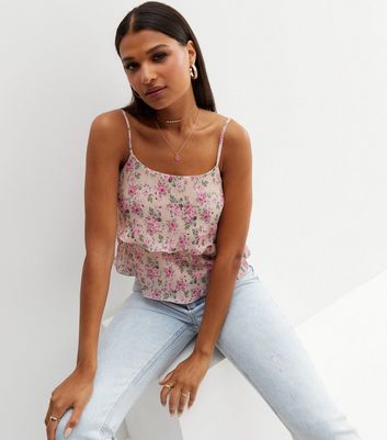 Pink Floral Plissé Tiered Cami | New Look