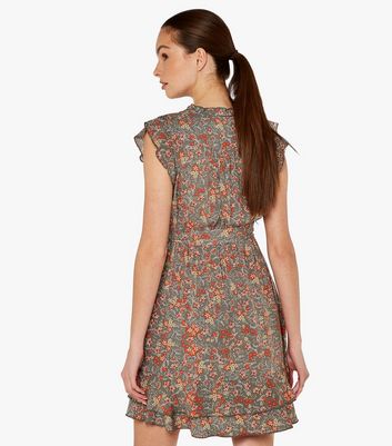 Apricot Green Floral Frill Tie Waist Mini Dress New Look