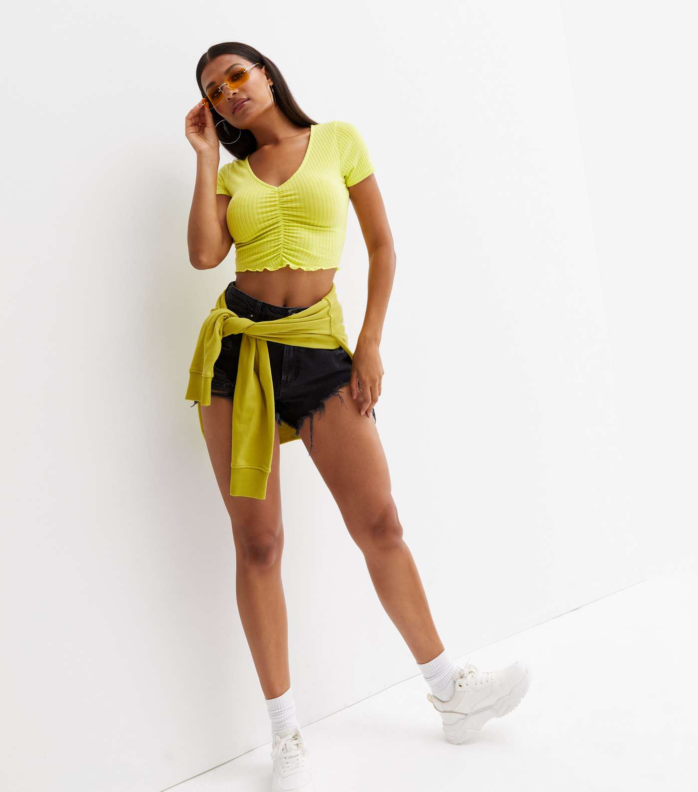 Light Green Ruched Frill Crop T-Shirt Image 2