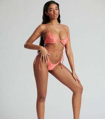 South Beach Mid Pink Swirl Wired Strappy Bikini Top And Bottoms New Look