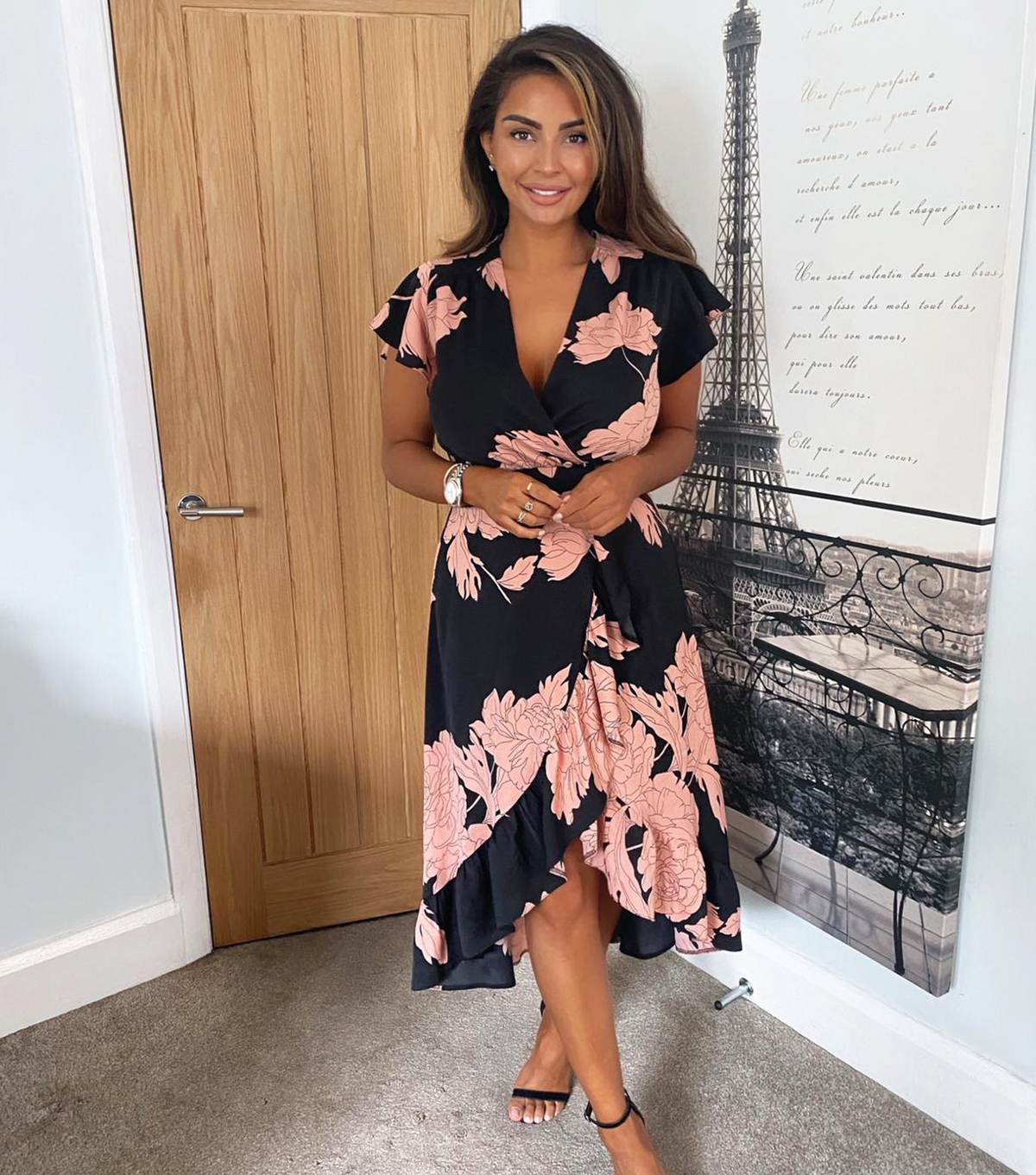 Women's Black Floral Ruffle Midi Wrap Dress AX Paris New Look
