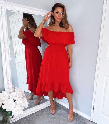 Click to view product details and reviews for Ax Paris Red Frill Shirred Bardot Midi Dress New Look.