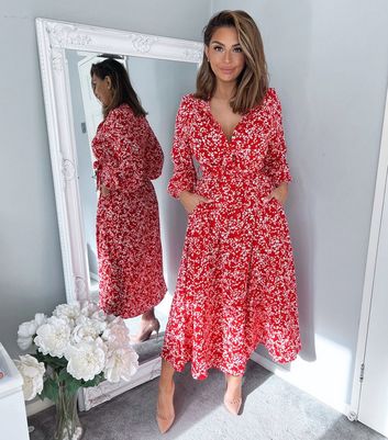 AX Paris Red Ditsy Floral Midi Shirt Dress | New Look