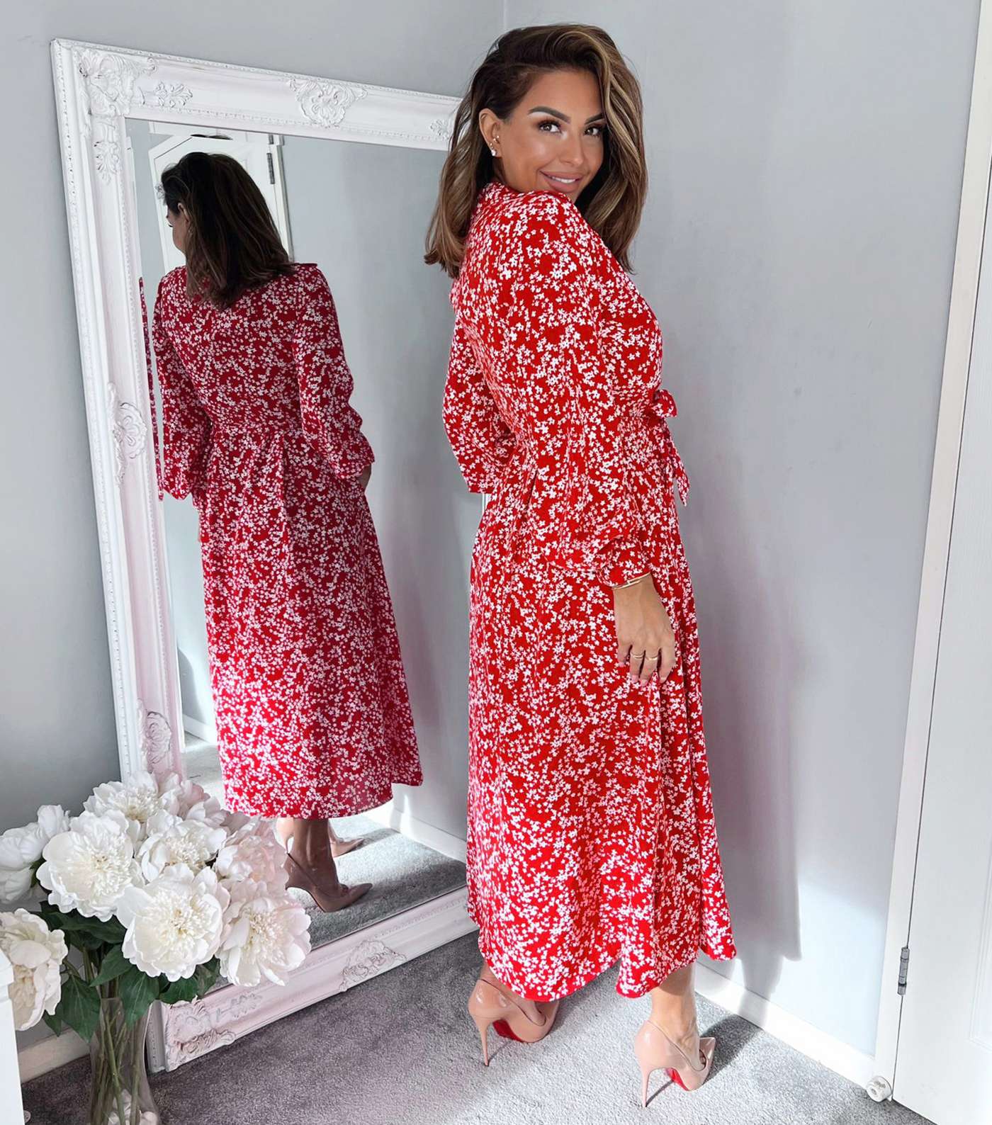 AX Paris Red Ditsy Floral Midi Shirt Dress Image 3