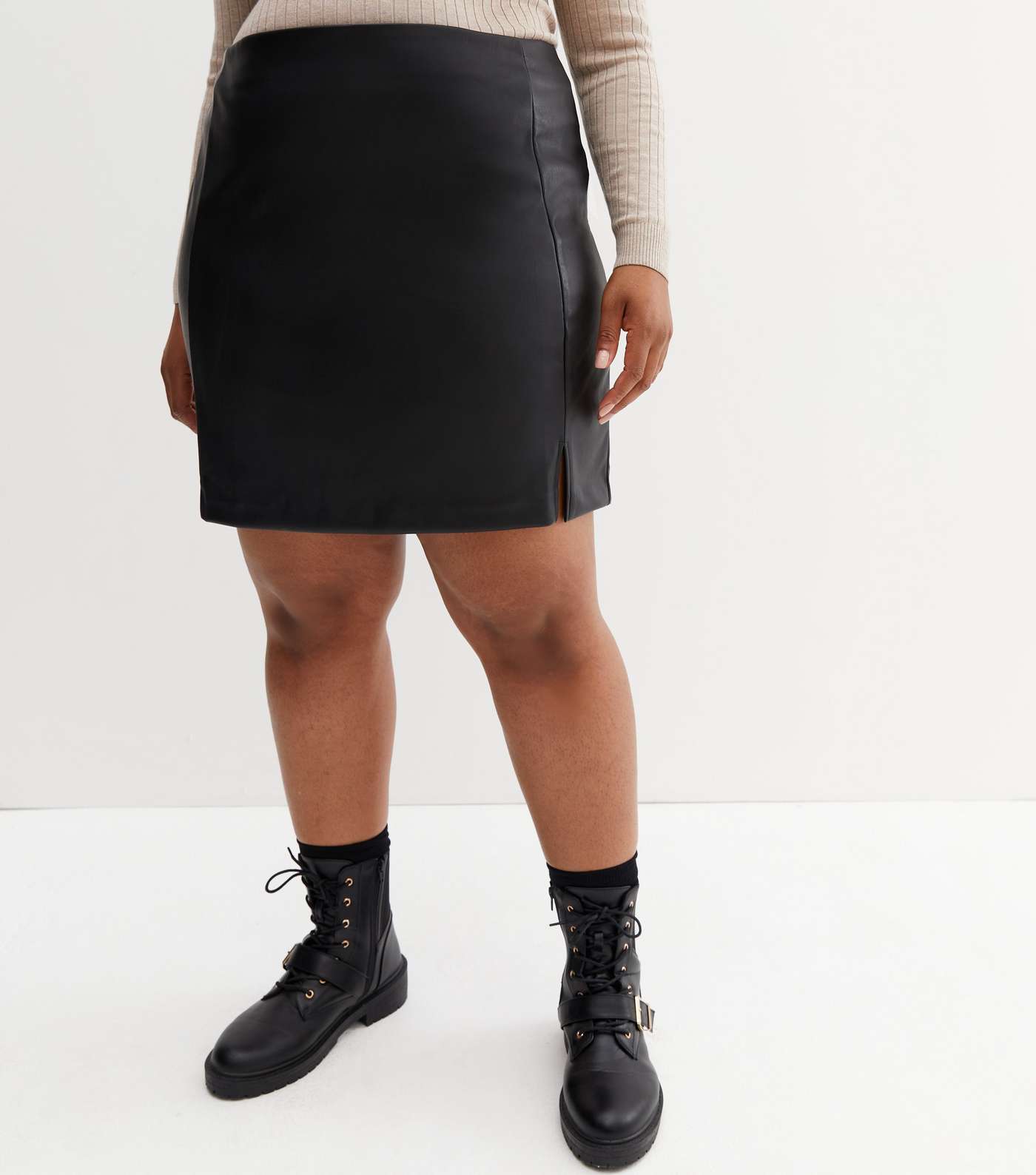 Curves Black Leather-Look Split Hem Mini Skirt Image 2