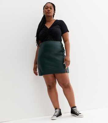 Curves Dark Green Leather-Look Split Hem Mini Skirt