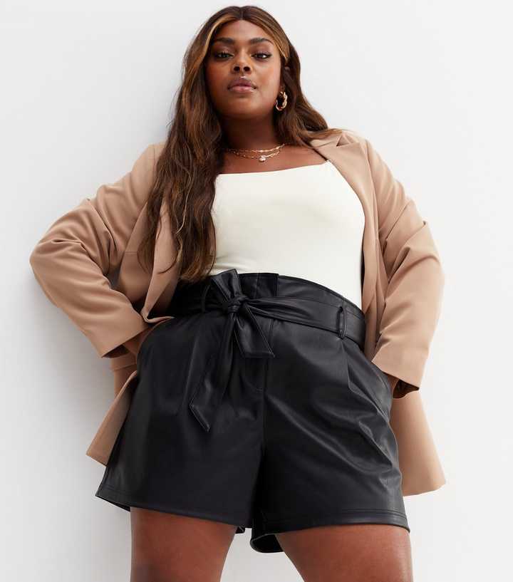 Curves Black Leather-Look Belted Shorts | Look