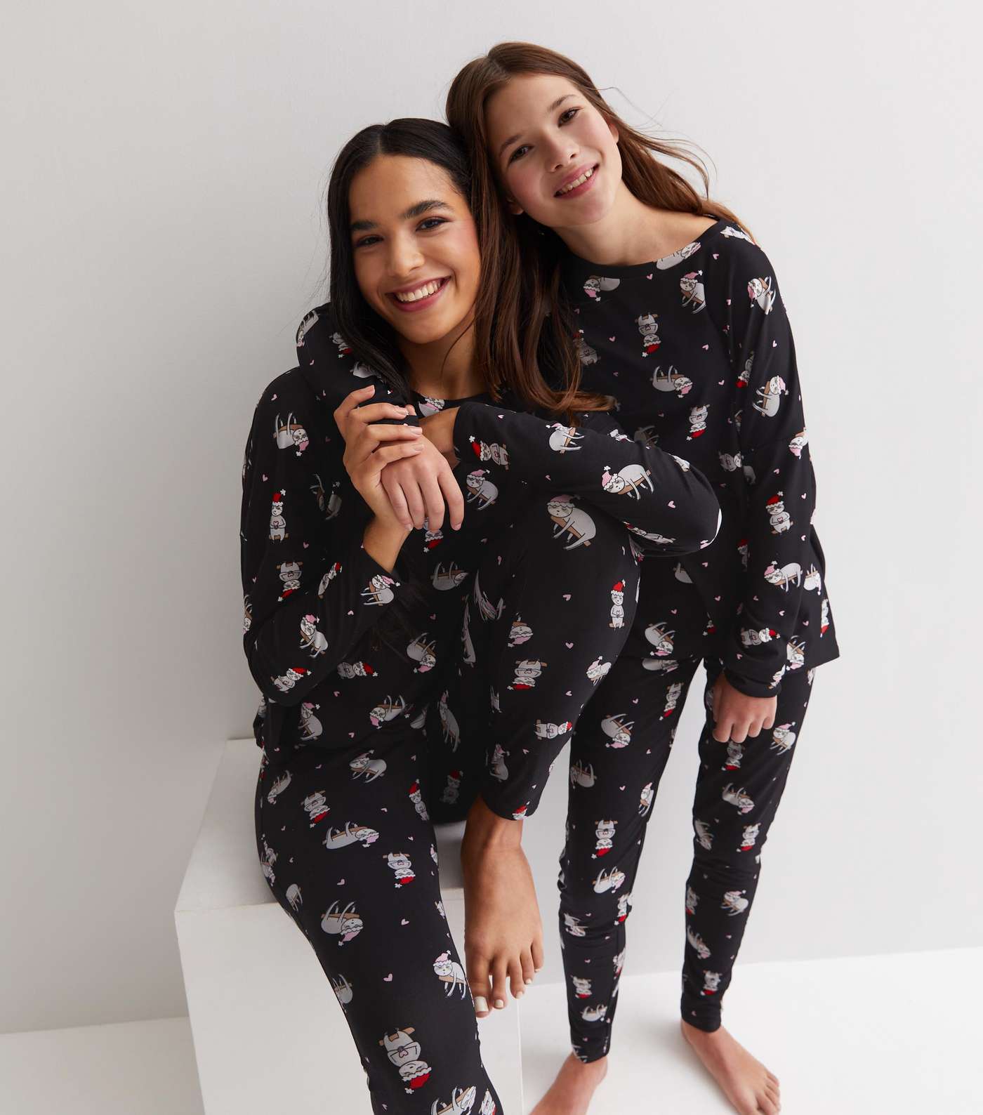 Girls Black Soft Touch Legging Pyjama Set with Christmas Sloth Image 2