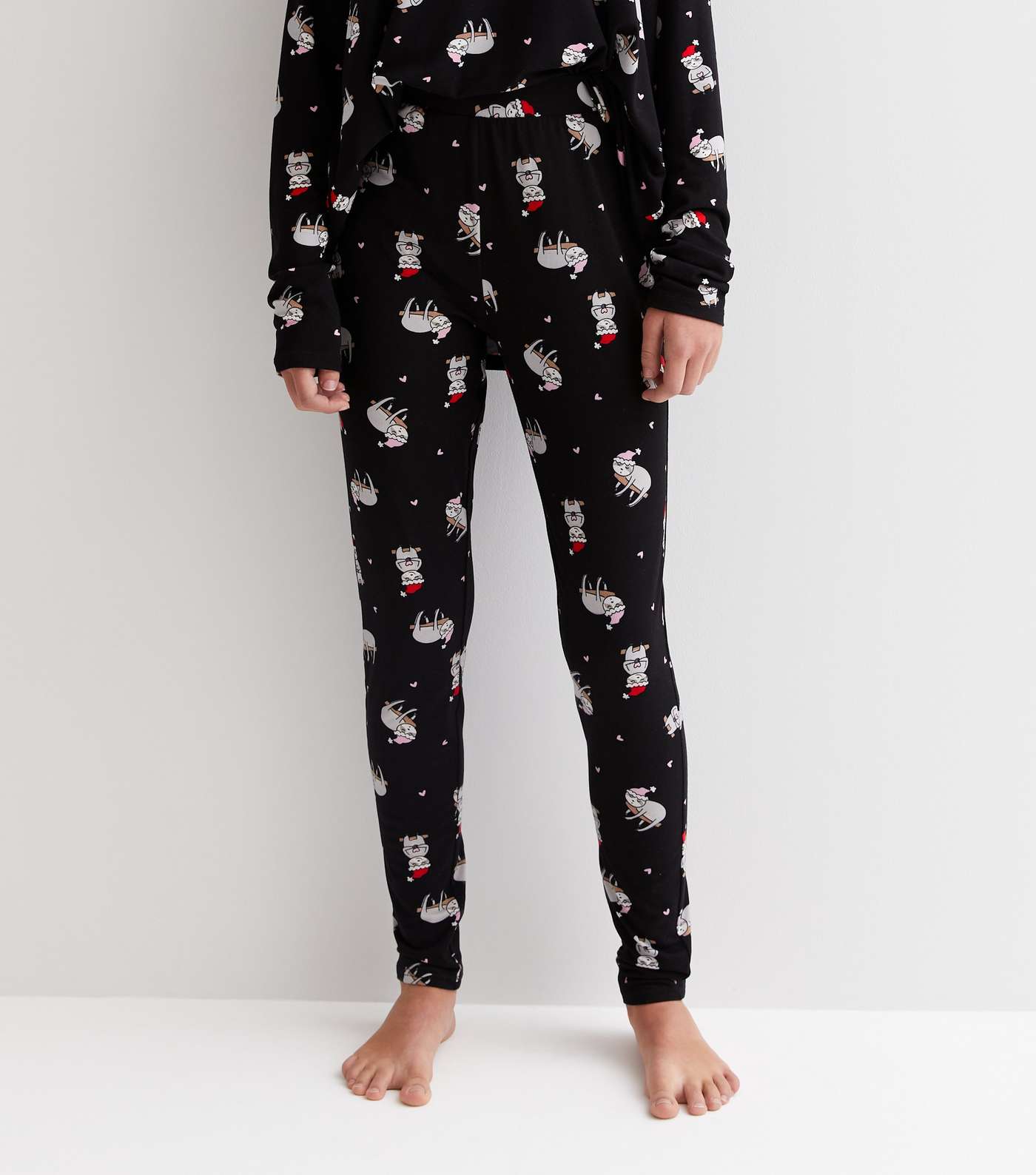 Girls Black Soft Touch Legging Pyjama Set with Christmas Sloth Image 4