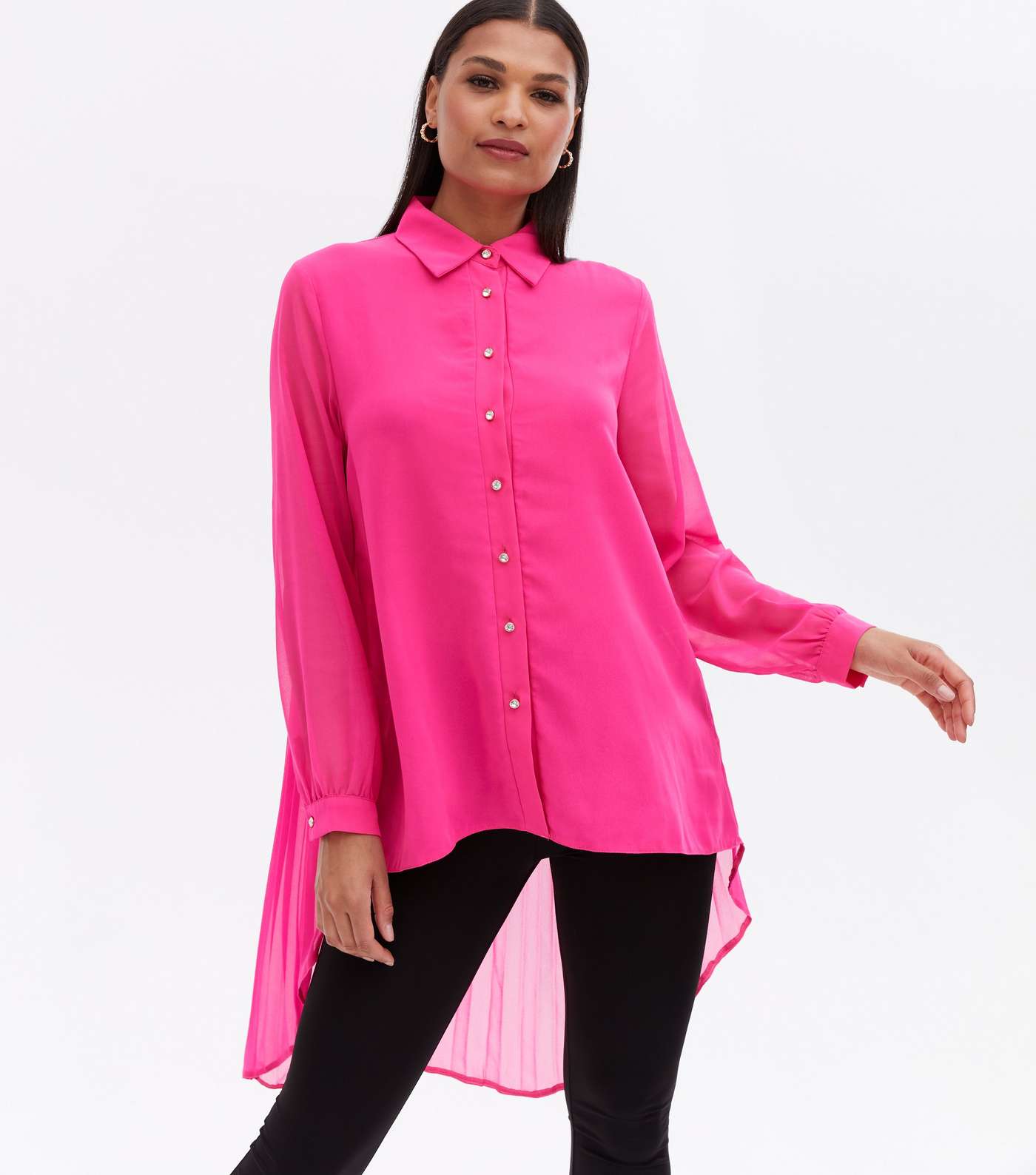 Bright Pink Pleated Back Long Dip Hem Shirt