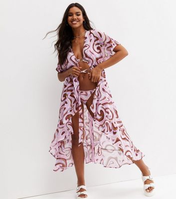 Pink Swirl Long Beach Kimono | New Look