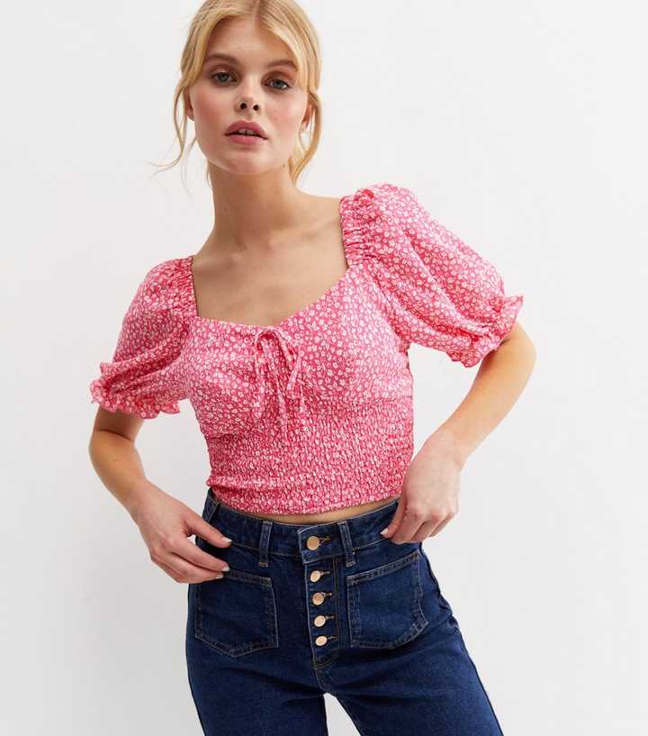 Cameo Rose Pink Floral Shirred Tie Front Crop Top