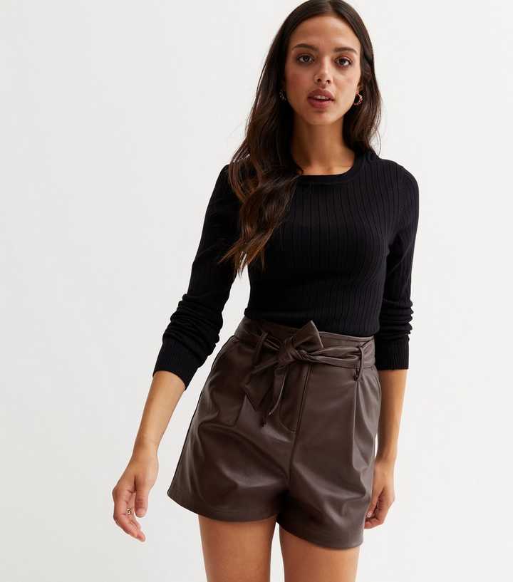 Mindy High Waisted Belted Leather Shorts - Brown