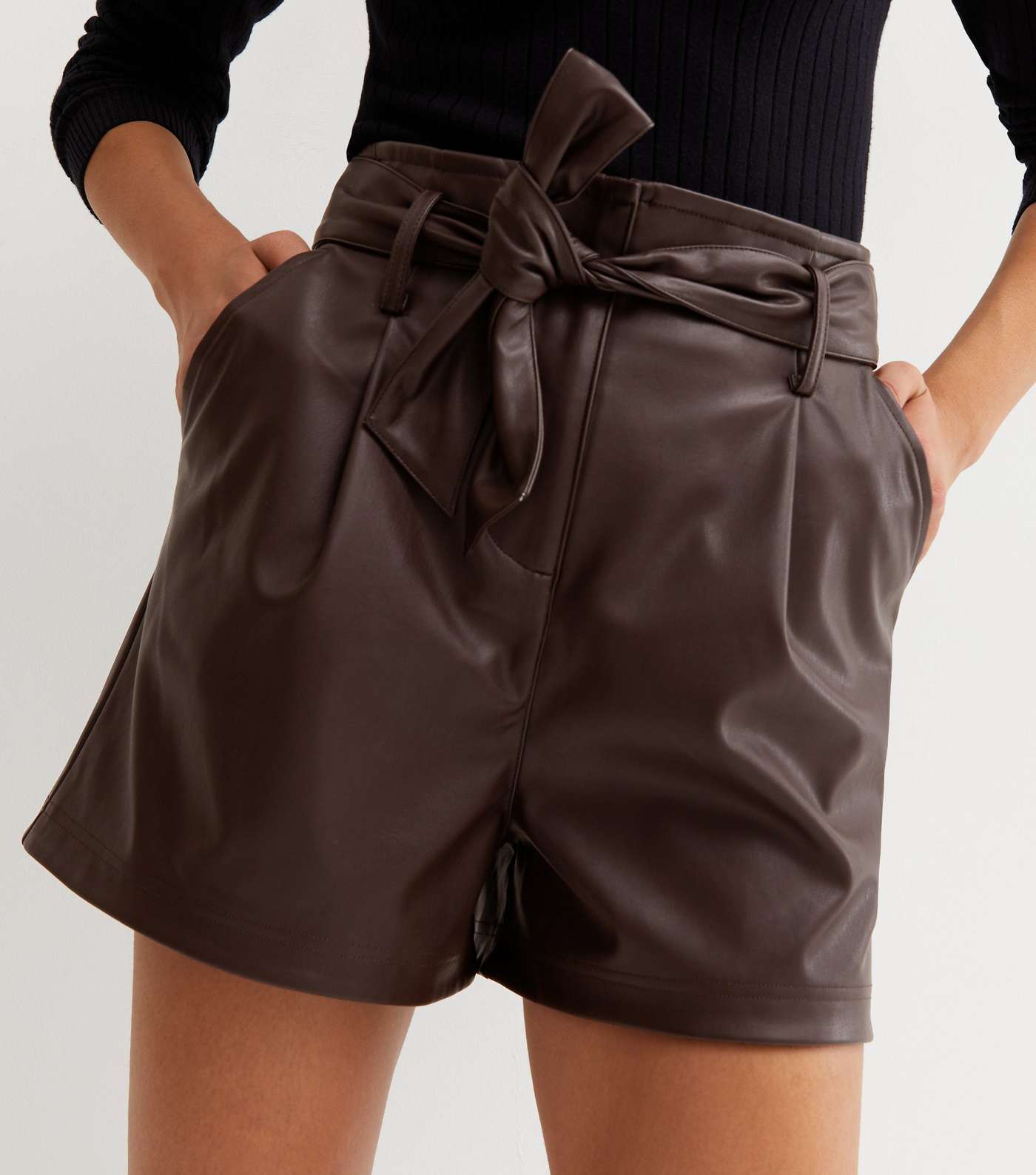 Dark Brown Leather-Look Belted Shorts Image 2