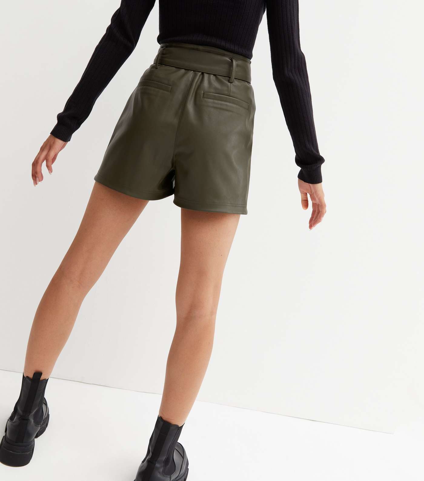 Khaki Leather-Look Belted Shorts Image 4