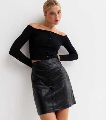Black Faux Snake Leather-Look Button Front Mini Skirt