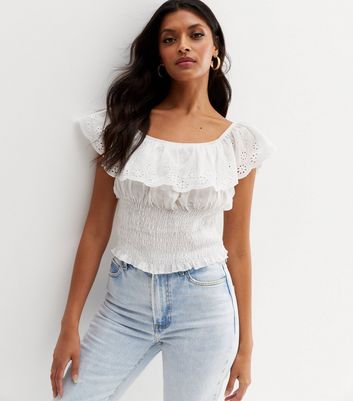 Cameo Rose White Shirred Broderie Crop Top New Look